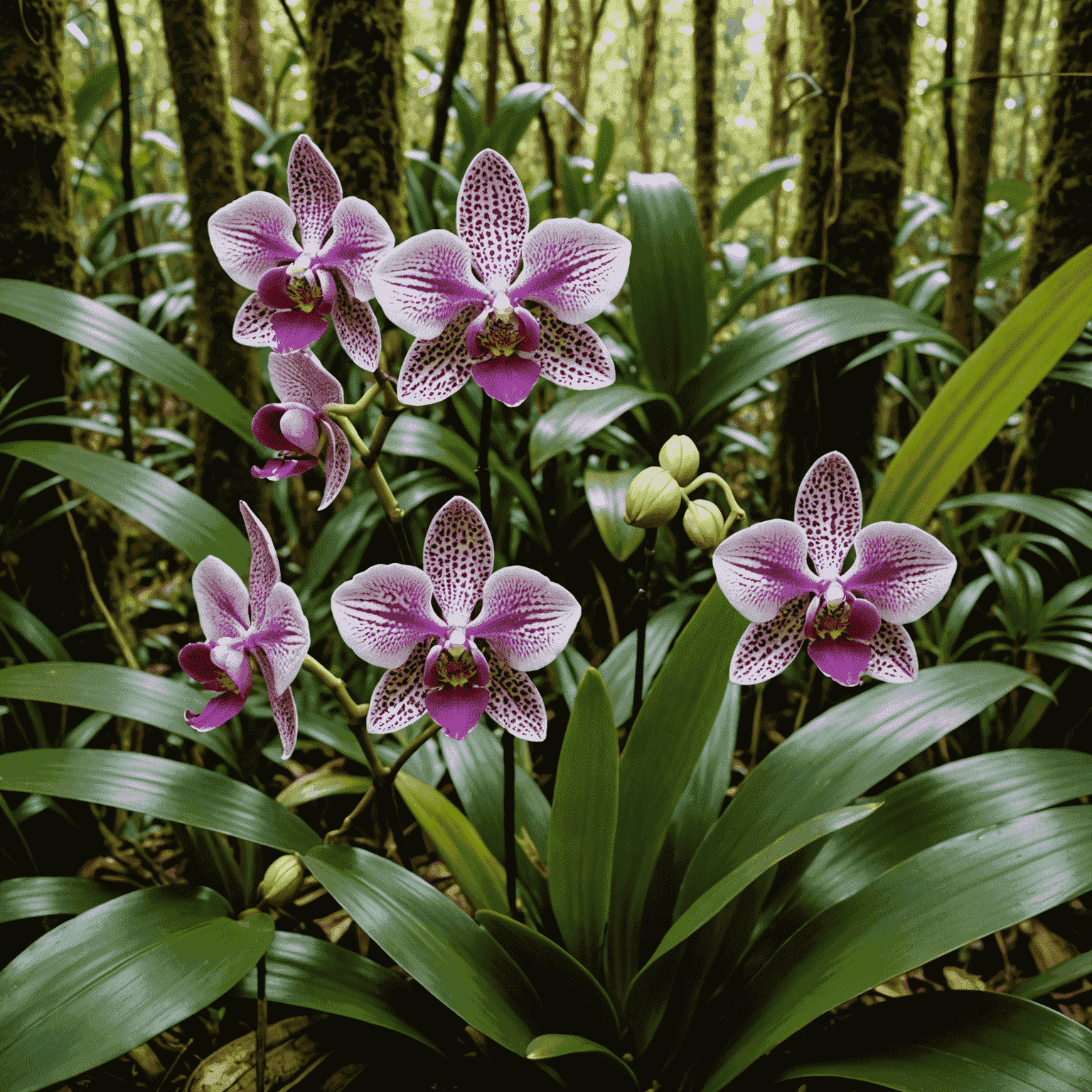 A close-up of a newly discovered orchid species with unique patterns and vibrant colors, surrounded by researchers in a tropical forest setting