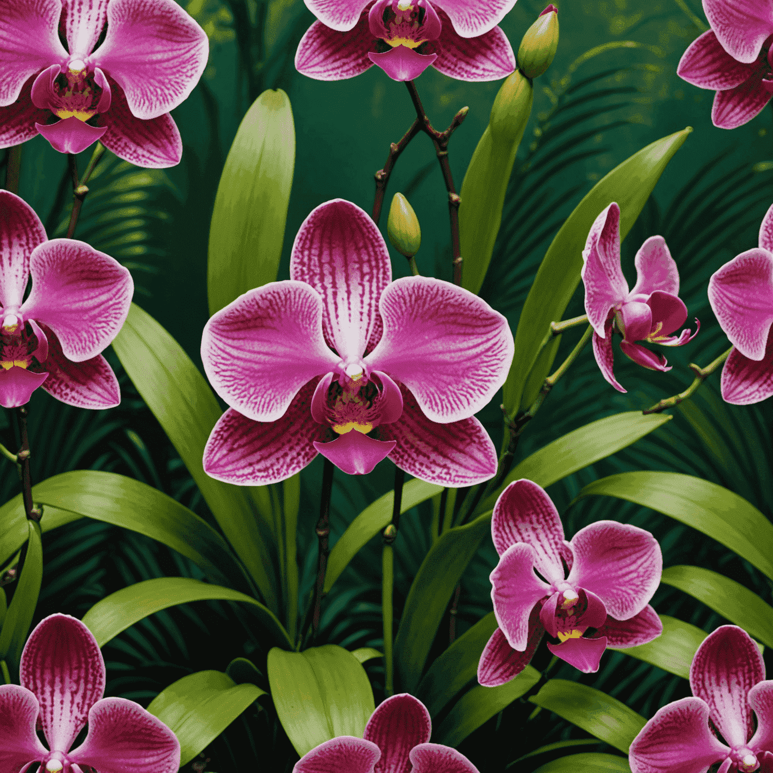 A stunning new orchid species with vibrant pink and red petals, set against a lush green background in a tropical forest. The orchid's unique shape and coloration make it stand out as a truly remarkable discovery.