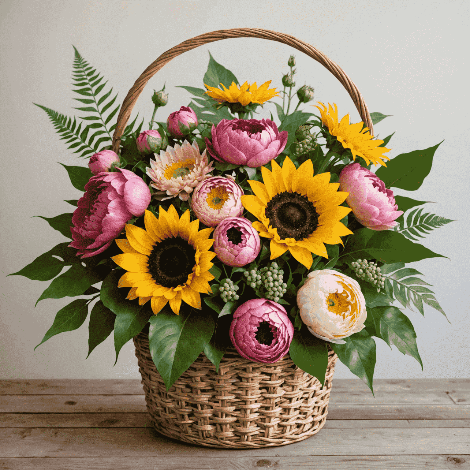 A vibrant summer bouquet featuring sunflowers, pink peonies, and tropical leaves arranged in a woven basket