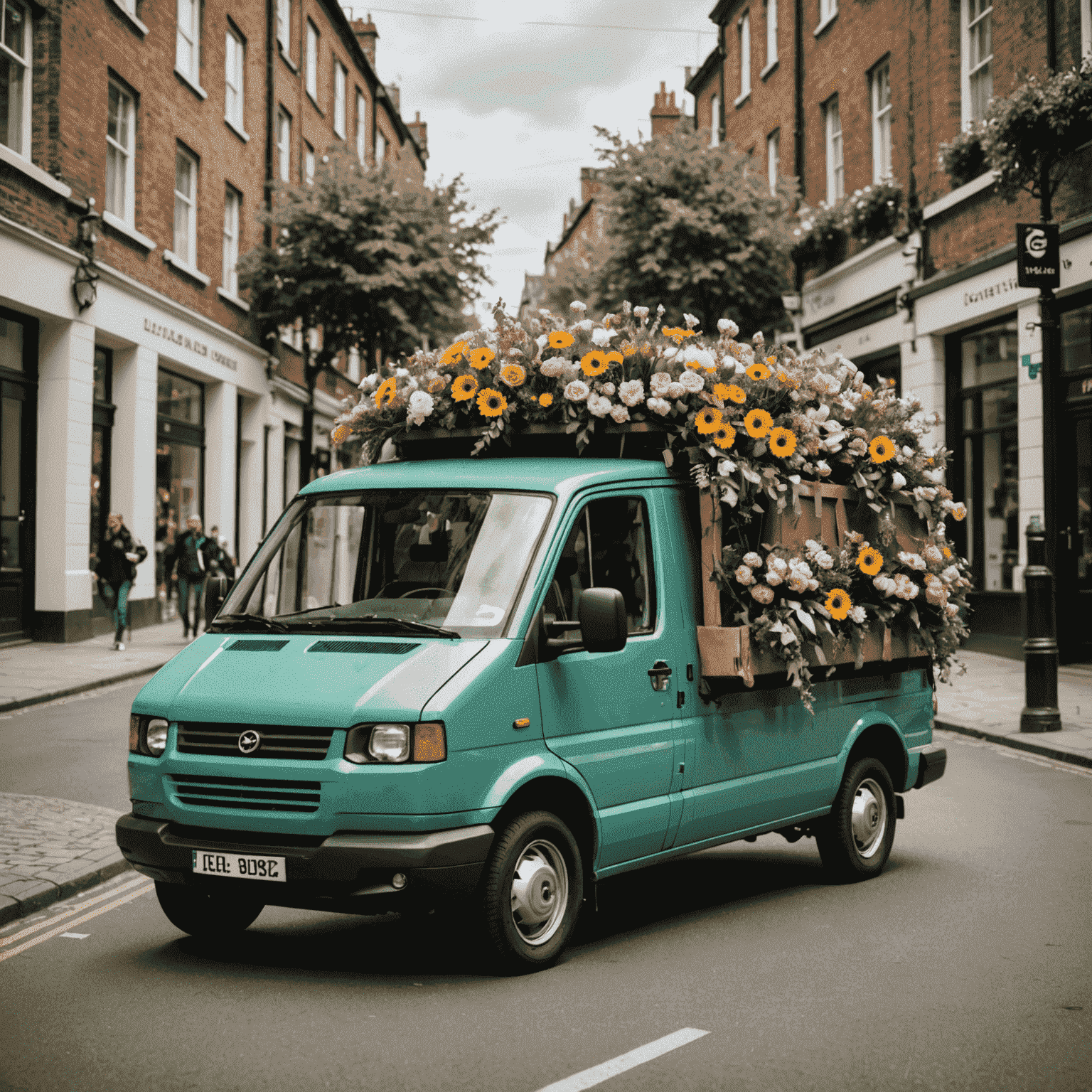 Electric delivery van filled with flowers, showcasing eco-friendly flower delivery methods