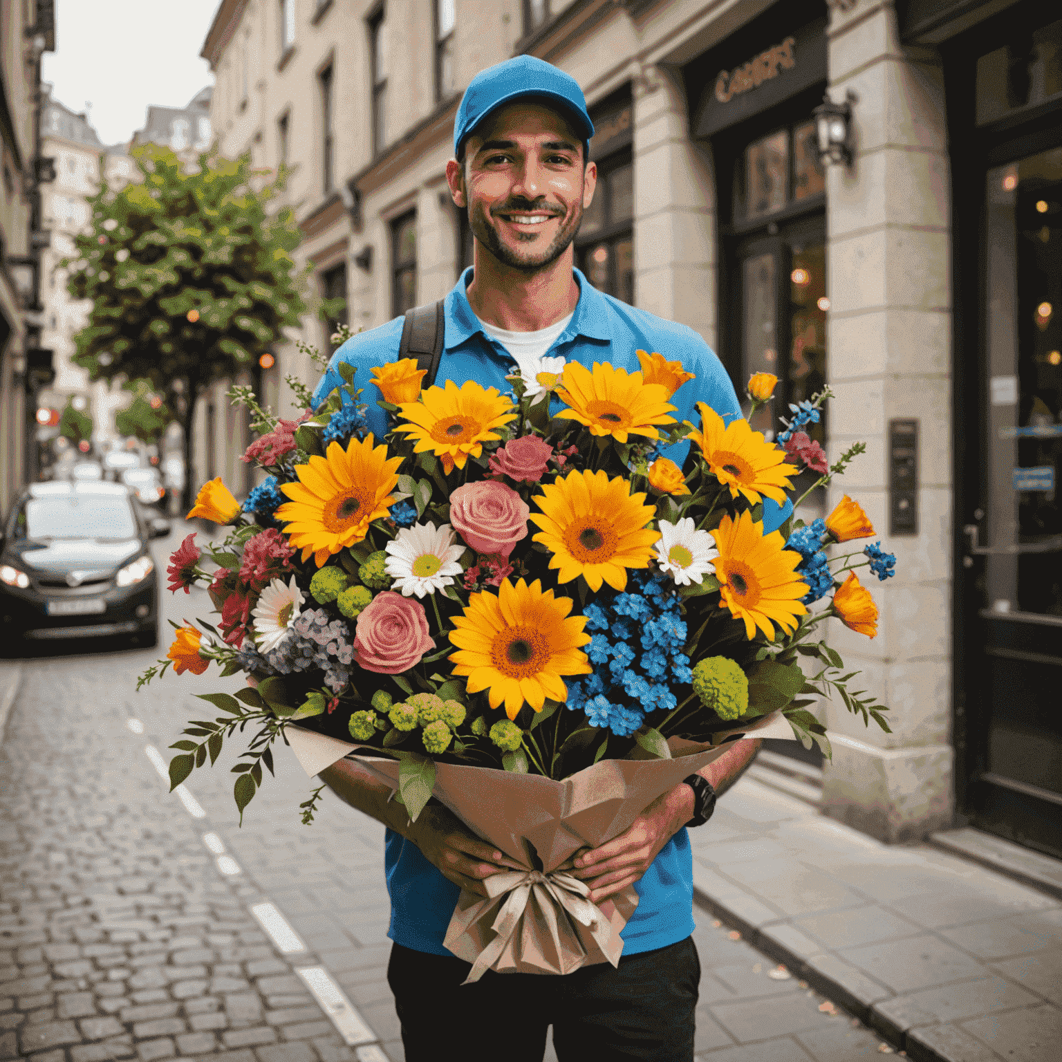 A colorful flower bouquet being delivered by a courier, showcasing fast and reliable service