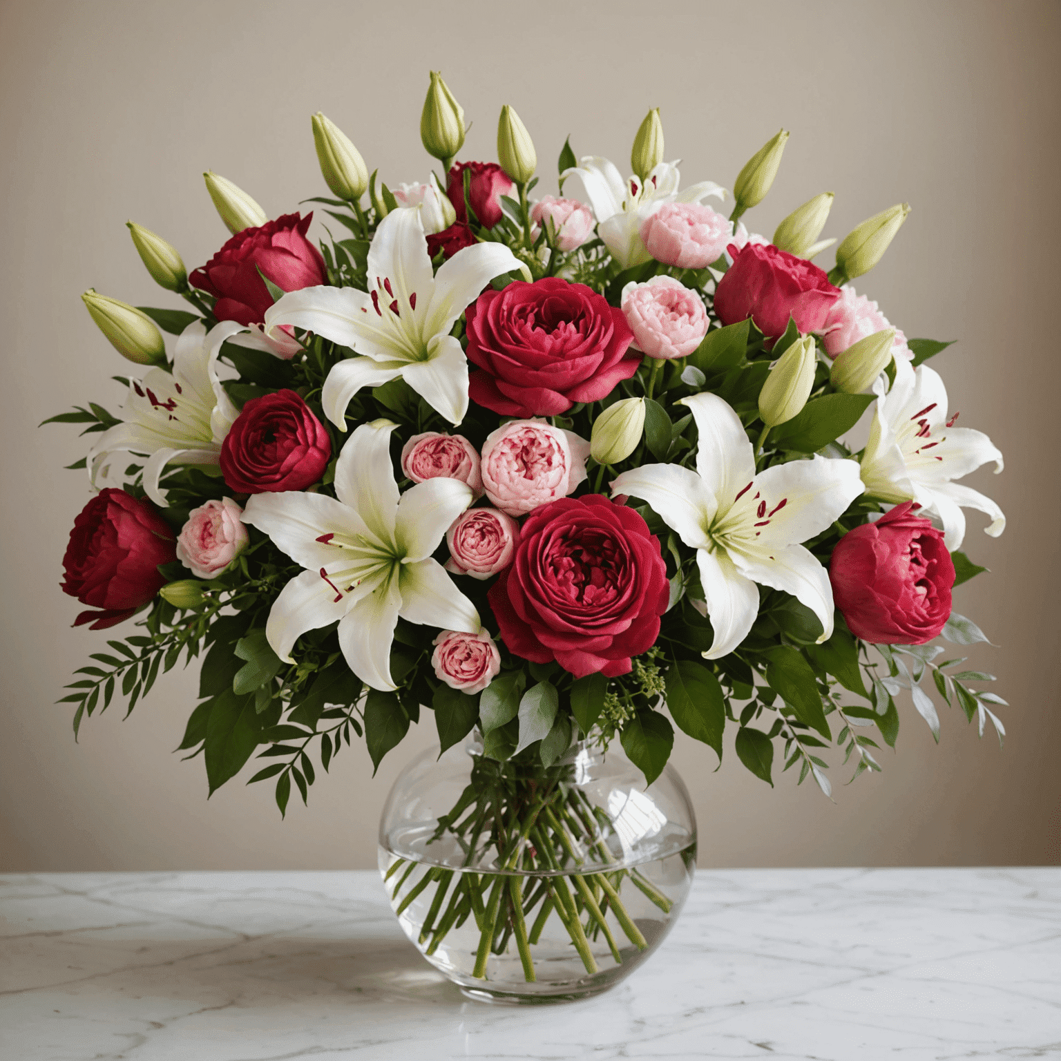 A beautiful custom floral arrangement featuring a mix of red roses, pink peonies, and white lilies in an elegant vase
