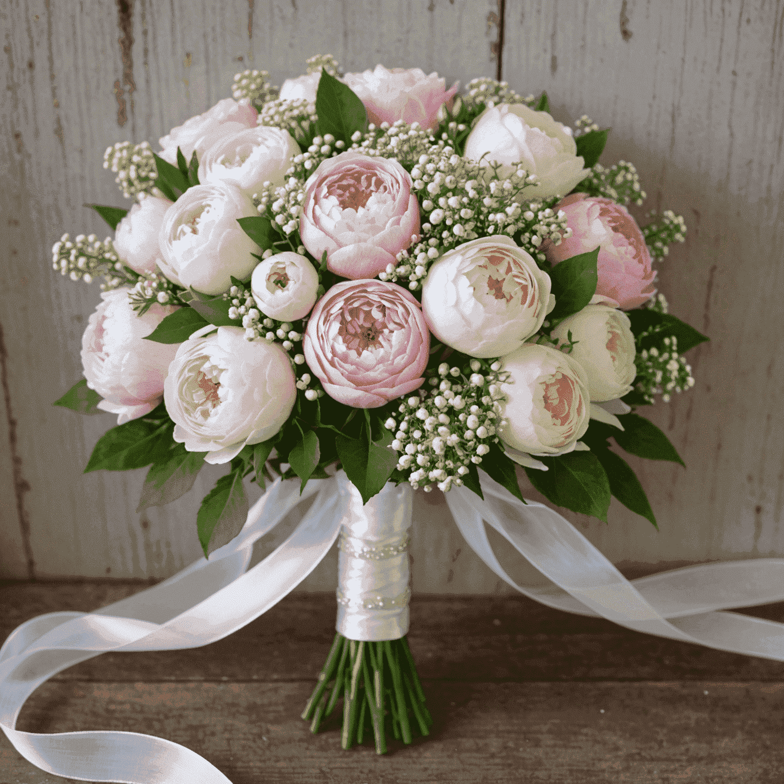A stunning bridal bouquet with white roses, pink peonies, and delicate baby's breath, tied with a silk ribbon