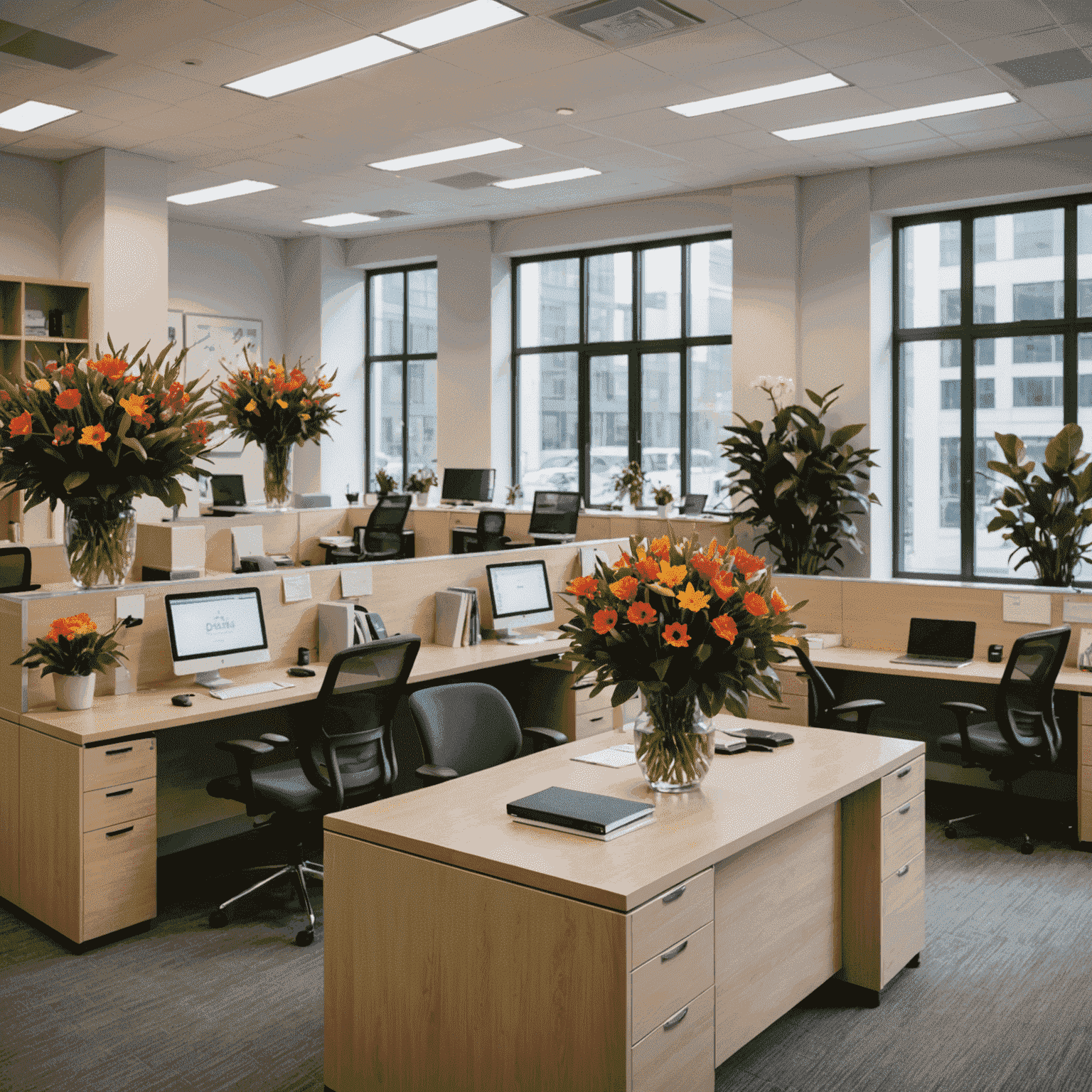 A vibrant office space with elegant flower arrangements on desks and in common areas, showcasing the impact of regular flower deliveries in a corporate environment