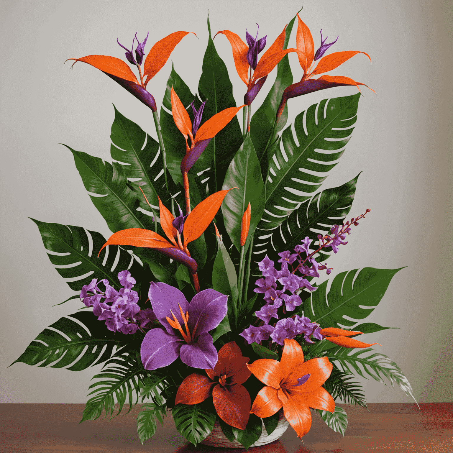 A tropical bouquet with bright orange birds of paradise, purple orchids, and red anthurium flowers, accented with large monstera leaves