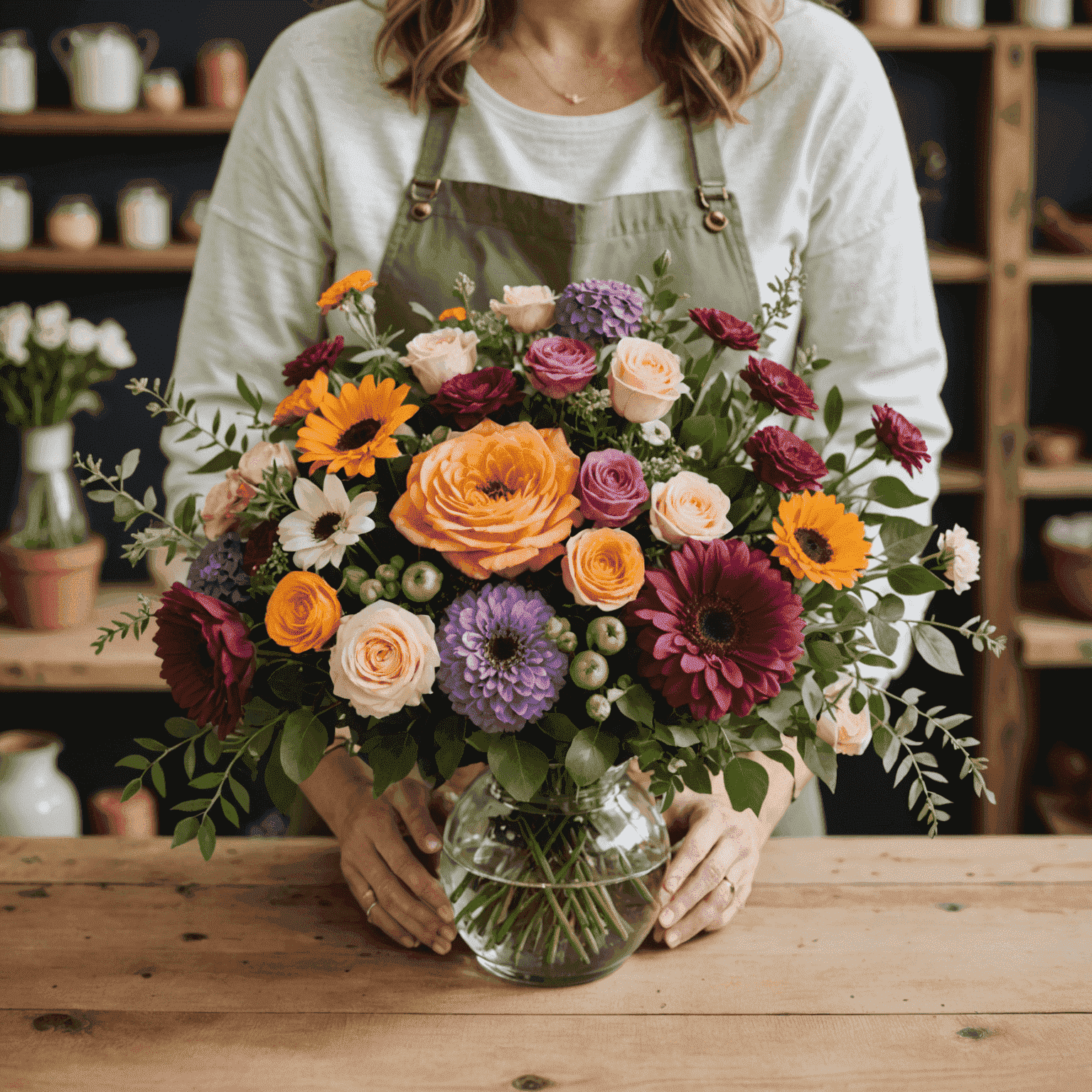 A florist creating a personalized floral arrangement with various flowers and colors