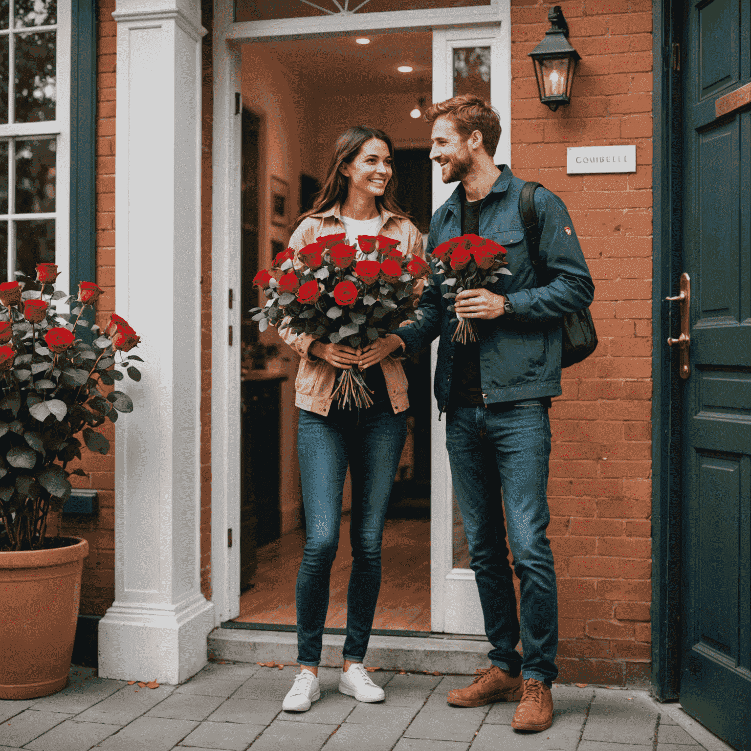 A smiling delivery person handing over a beautiful bouquet of red roses to a delighted recipient at their doorstep