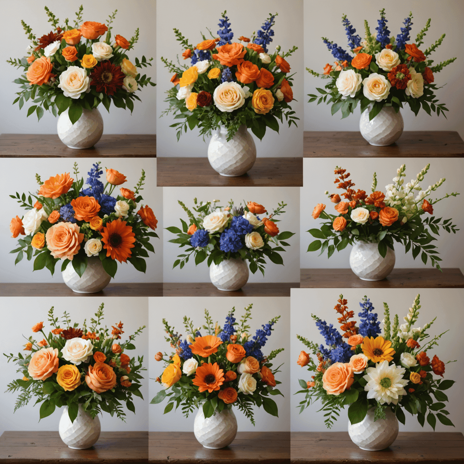 A collage of various custom floral arrangements showcasing different styles, colors, and flower types