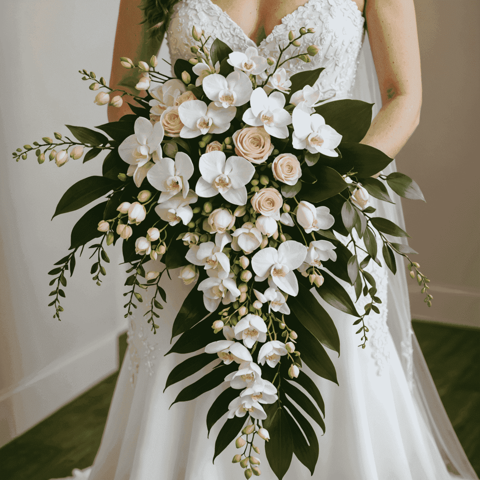 A cascading bridal bouquet with white orchids, blush roses, and greenery