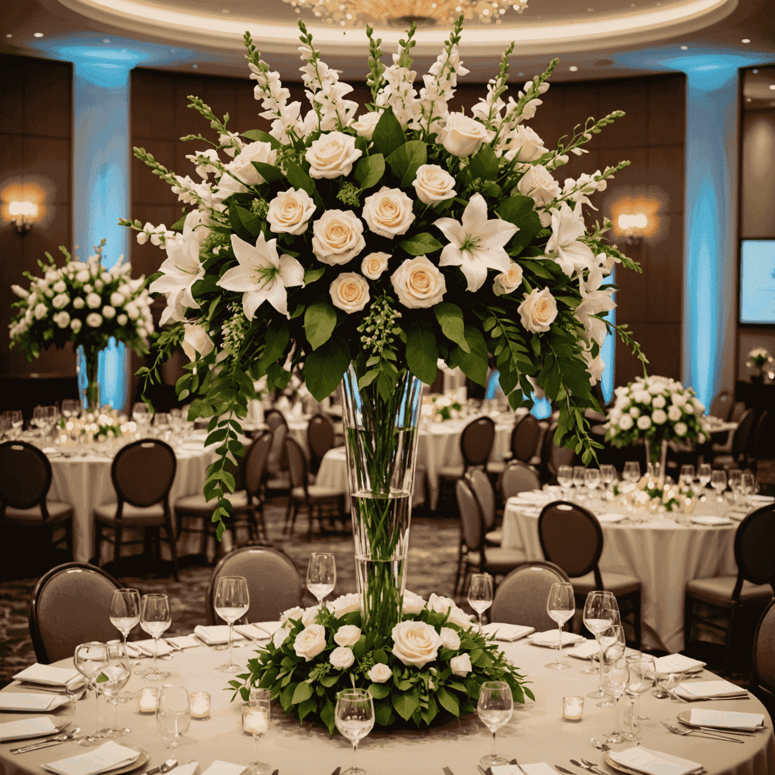 An elegant corporate event with exquisite floral centerpieces and decorations, showcasing Bloomneex's event decoration services