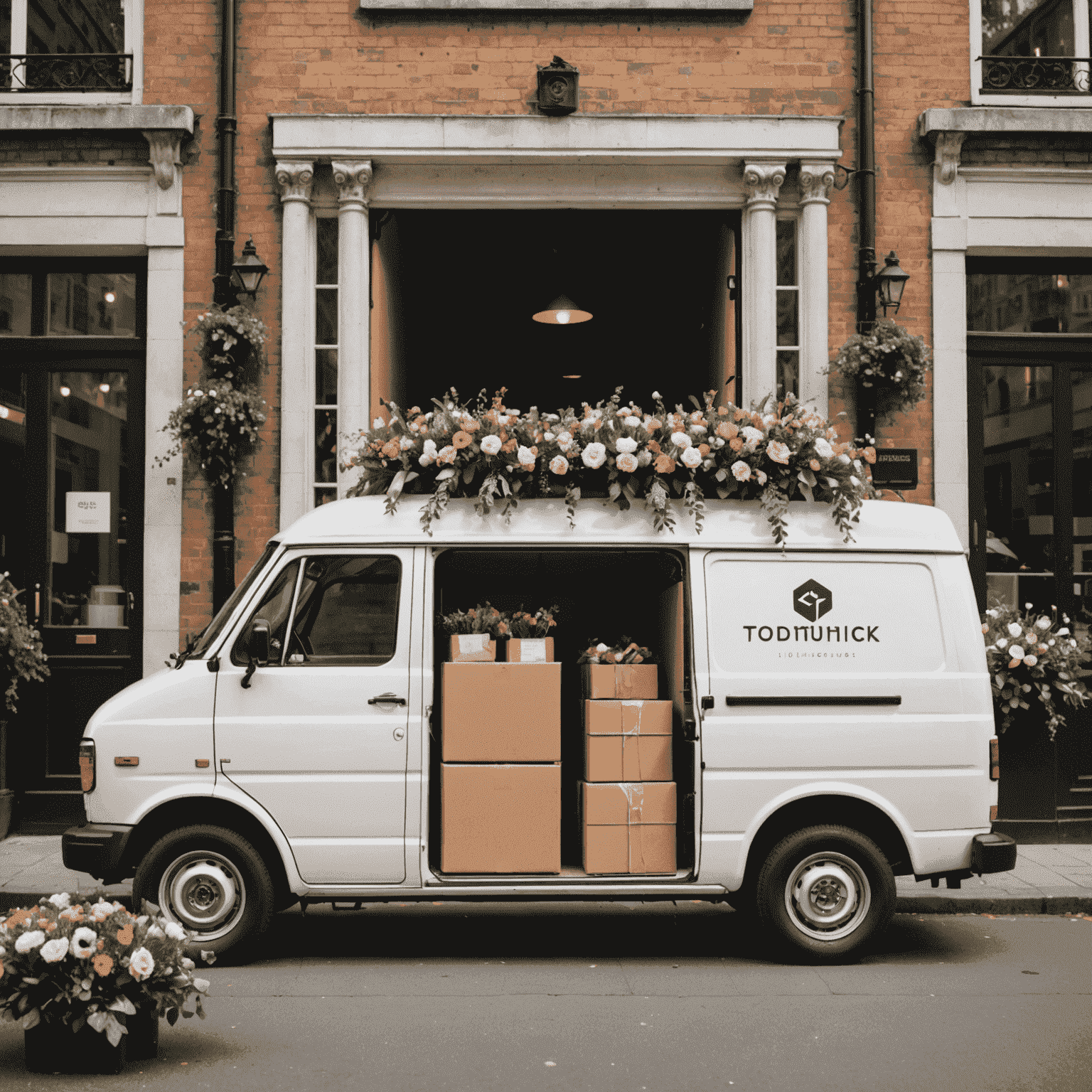 An electric delivery van with floral branding, surrounded by biodegradable packaging materials and flower bouquets