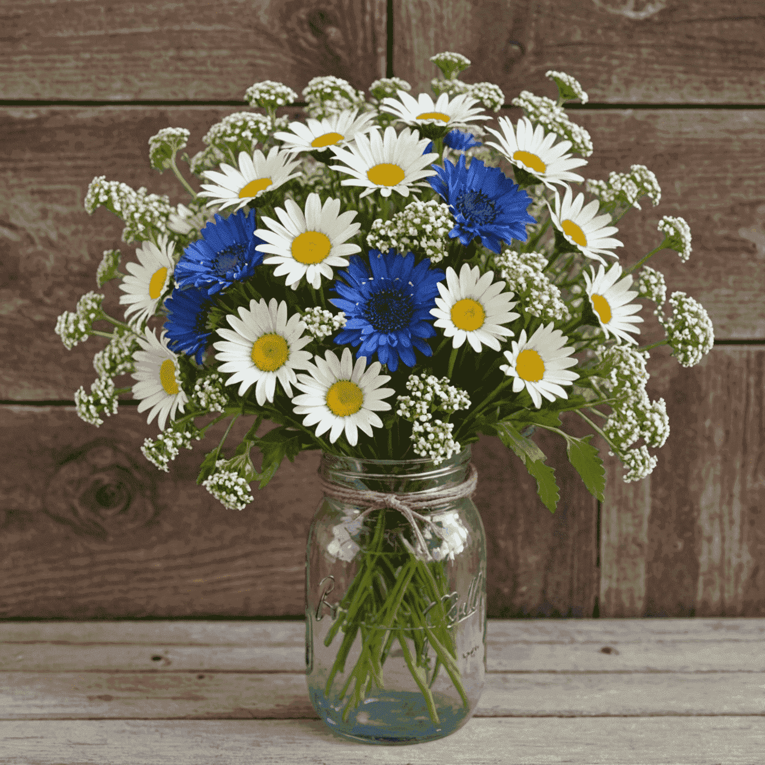 A rustic bouquet of white daisies, blue cornflowers, and delicate Queen Anne's lace arranged in a mason jar