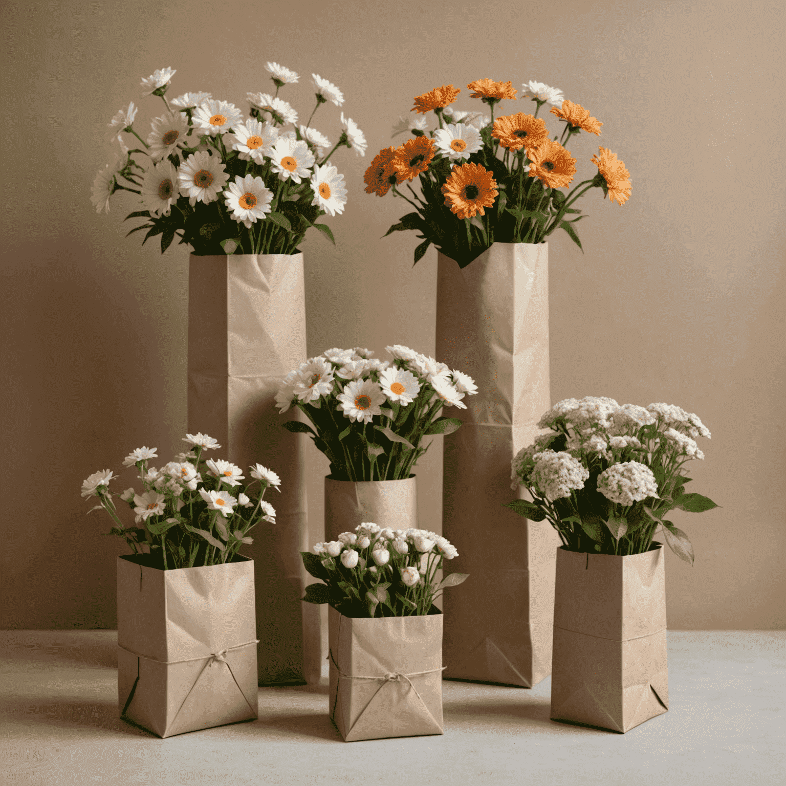 A collection of eco-friendly flower packaging materials including biodegradable vases, wraps, and boxes