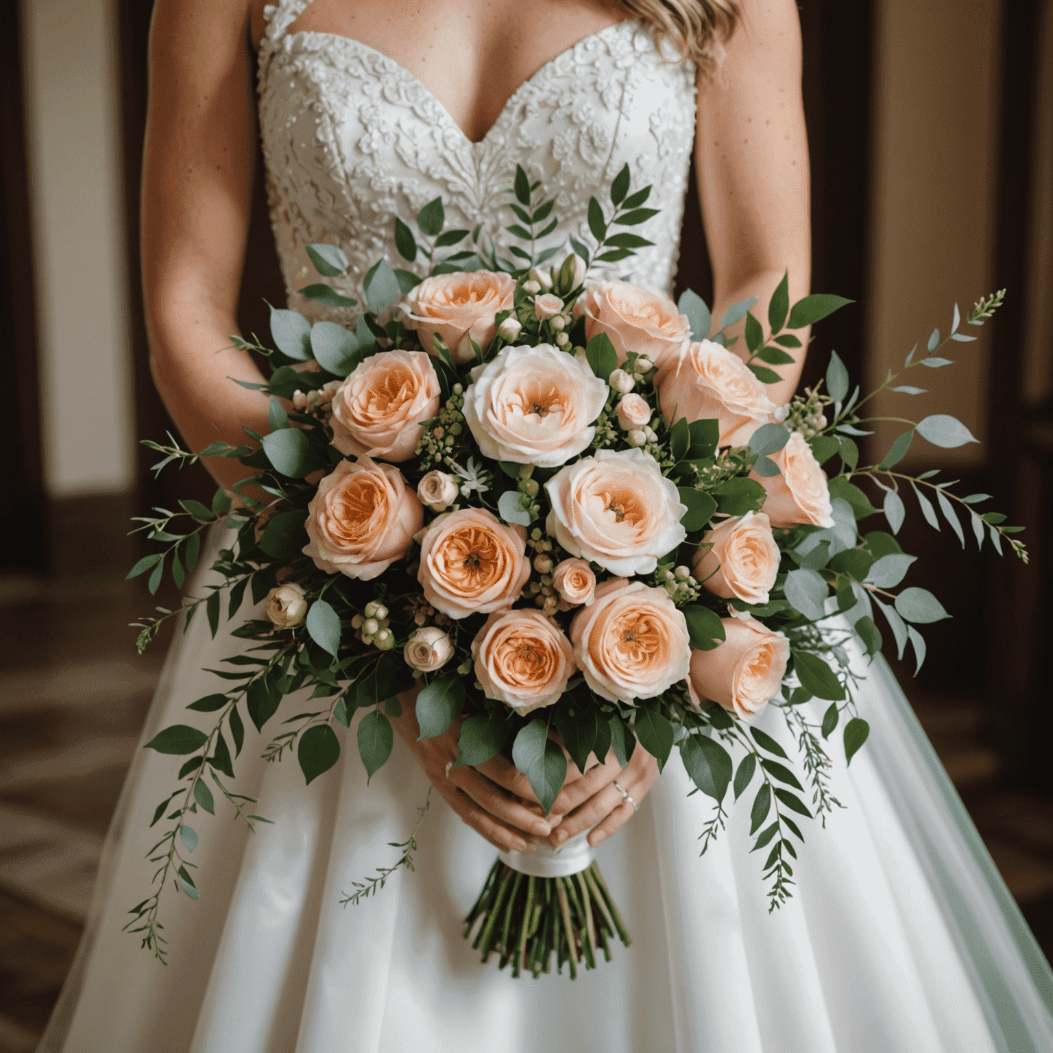 A beautiful bridal bouquet and wedding venue decorated with stunning floral designs