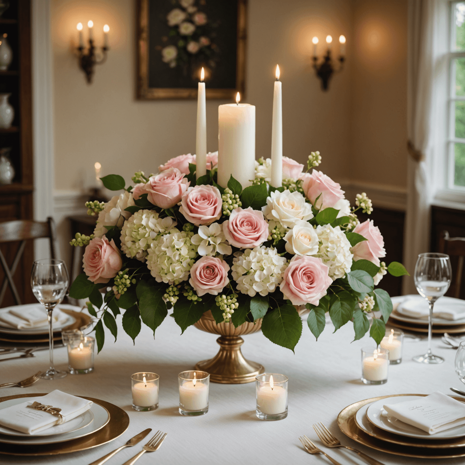An elegant table centerpiece with pink and white roses, hydrangeas, and candles