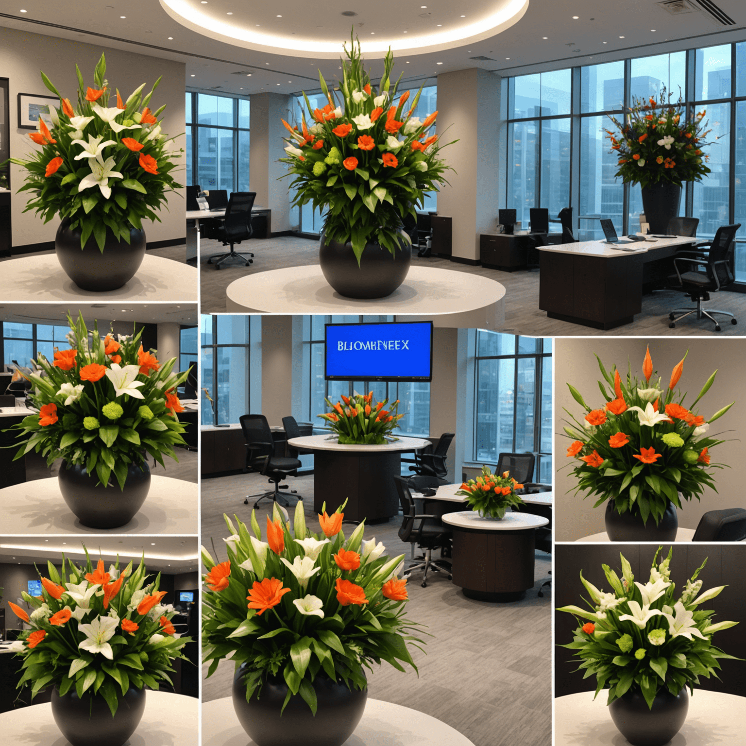 A collage of various corporate spaces decorated with Bloomneex flower arrangements, showcasing the versatility and impact of our services across different business environments