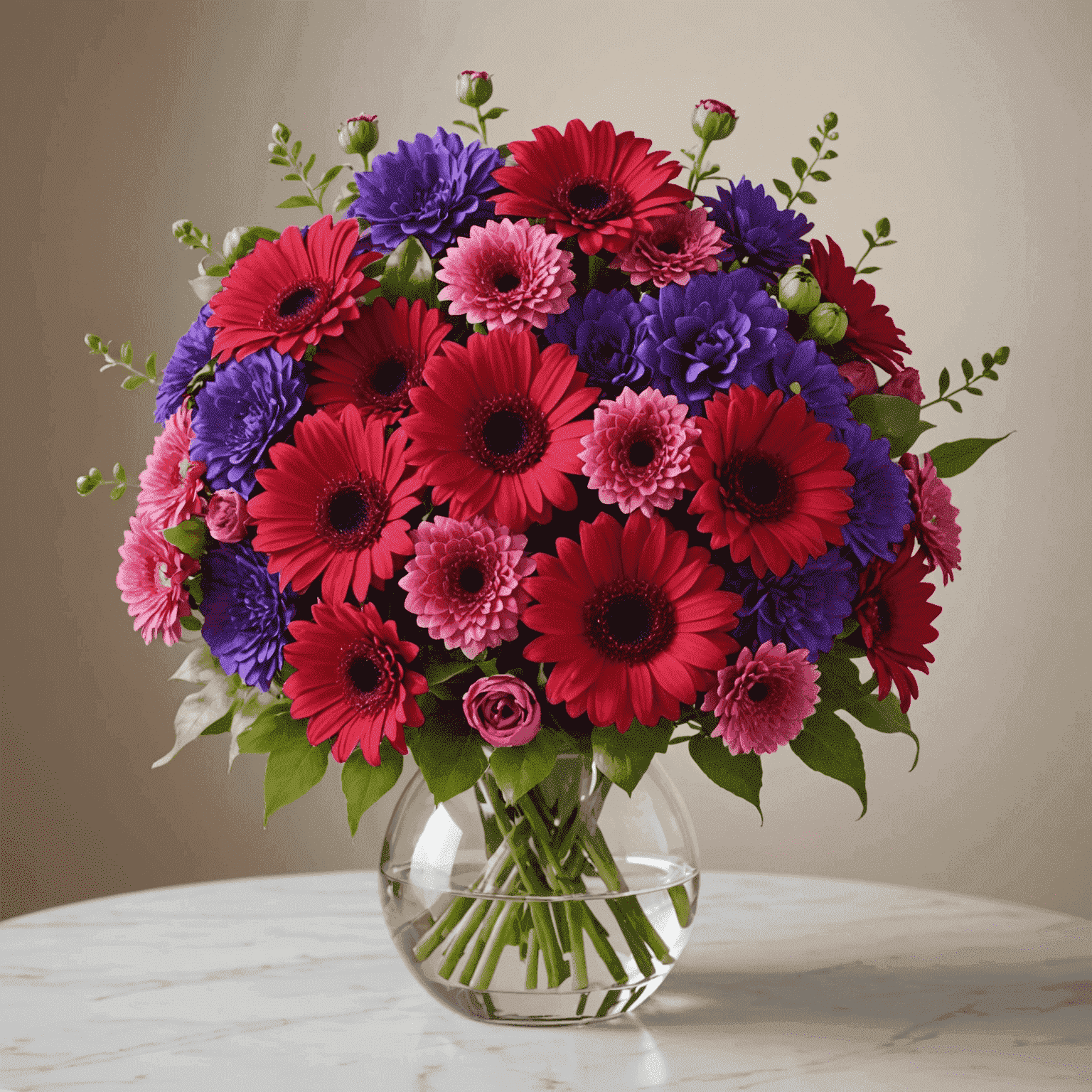 A bold summer bouquet with red gerberas, hot pink dahlias, and purple lisianthus in a sleek white vase