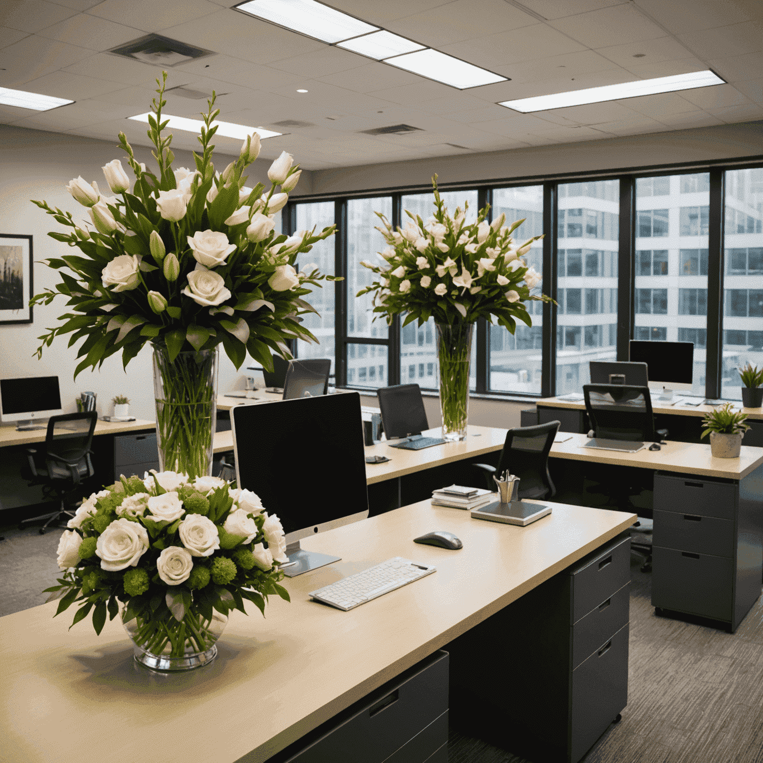 An office space decorated with elegant flower arrangements, showcasing corporate floral services