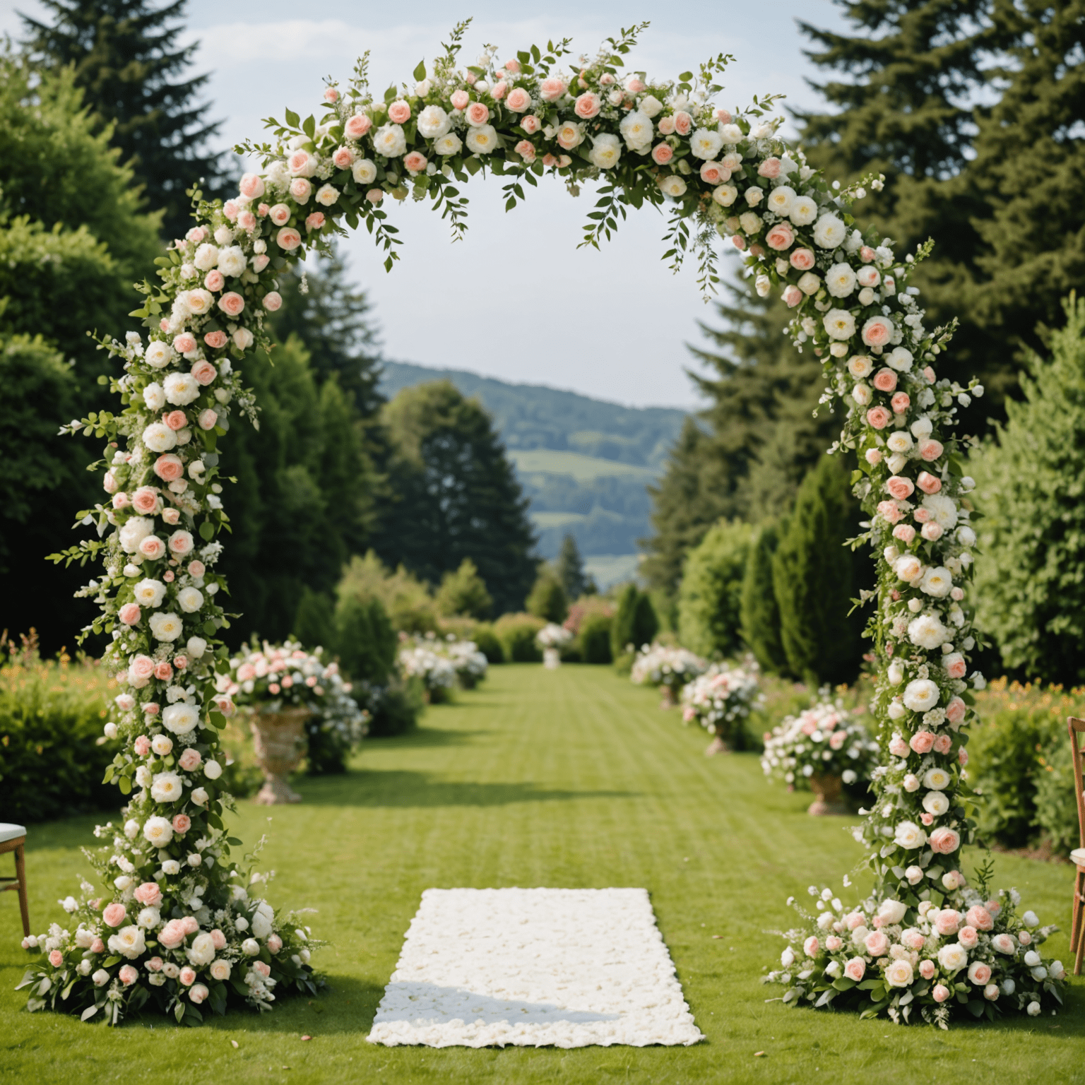 A flower arch with a mix of white and pink flowers, perfect for a wedding ceremony