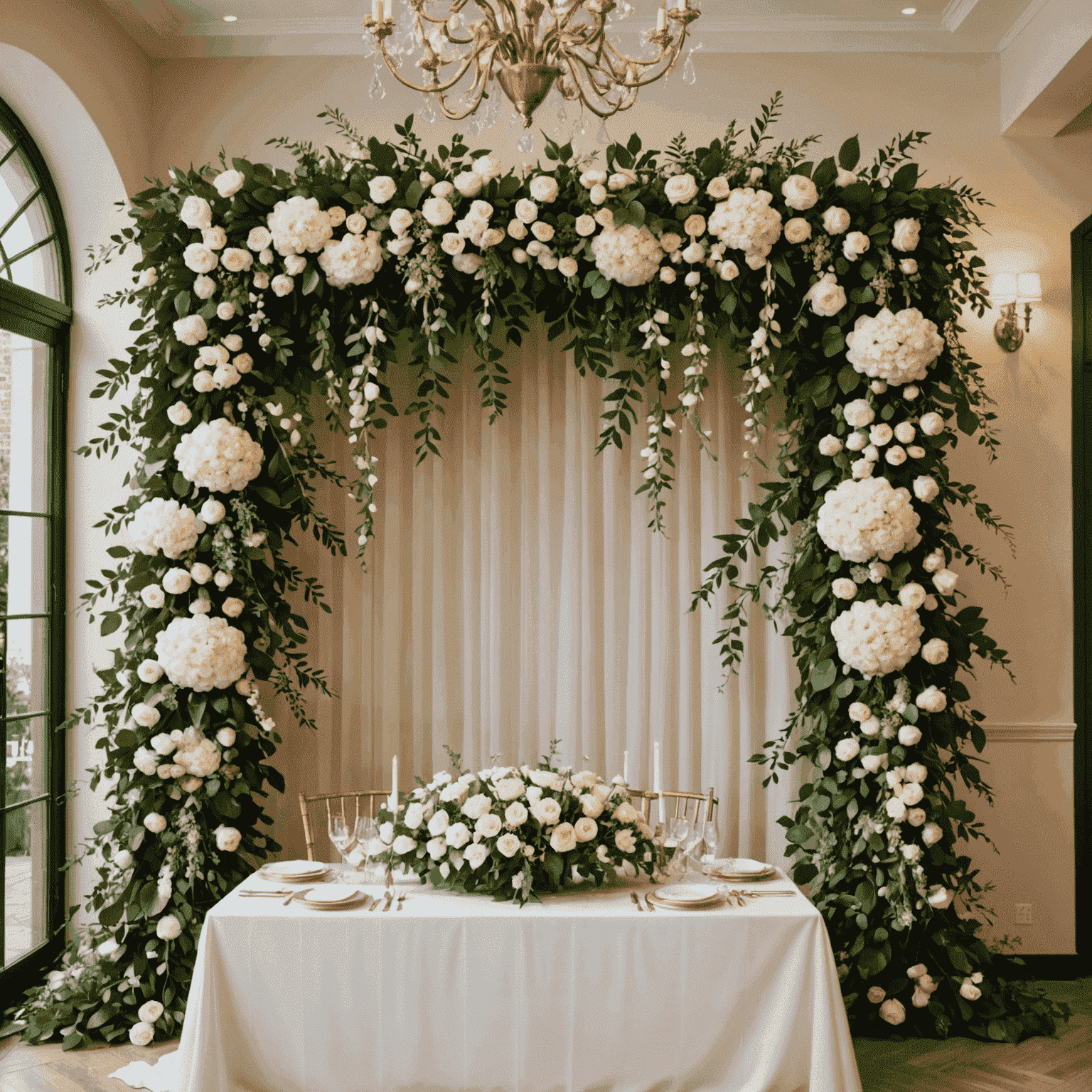 A beautifully decorated wedding venue with floral centerpieces, hanging arrangements, and a flower wall